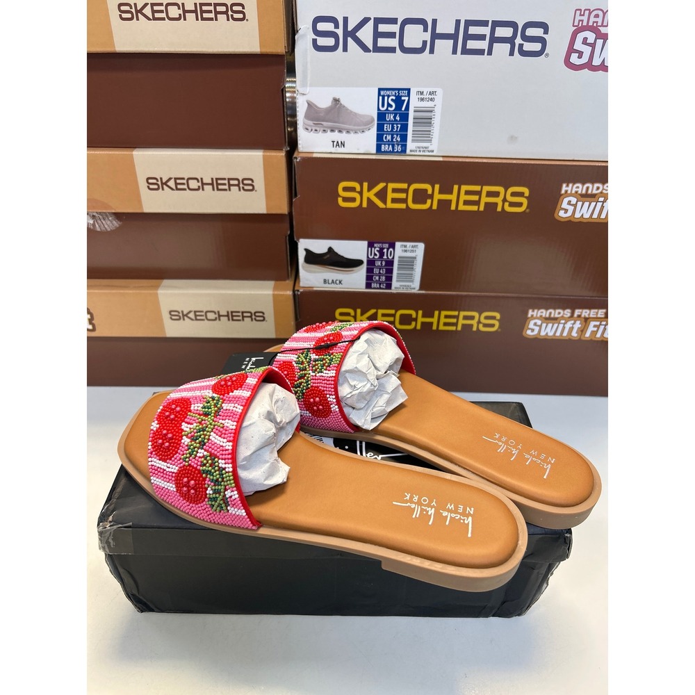 Nicole Miller Destin Slide Sandals Women 8.5 Pink Beaded Flat Square Toe 0646